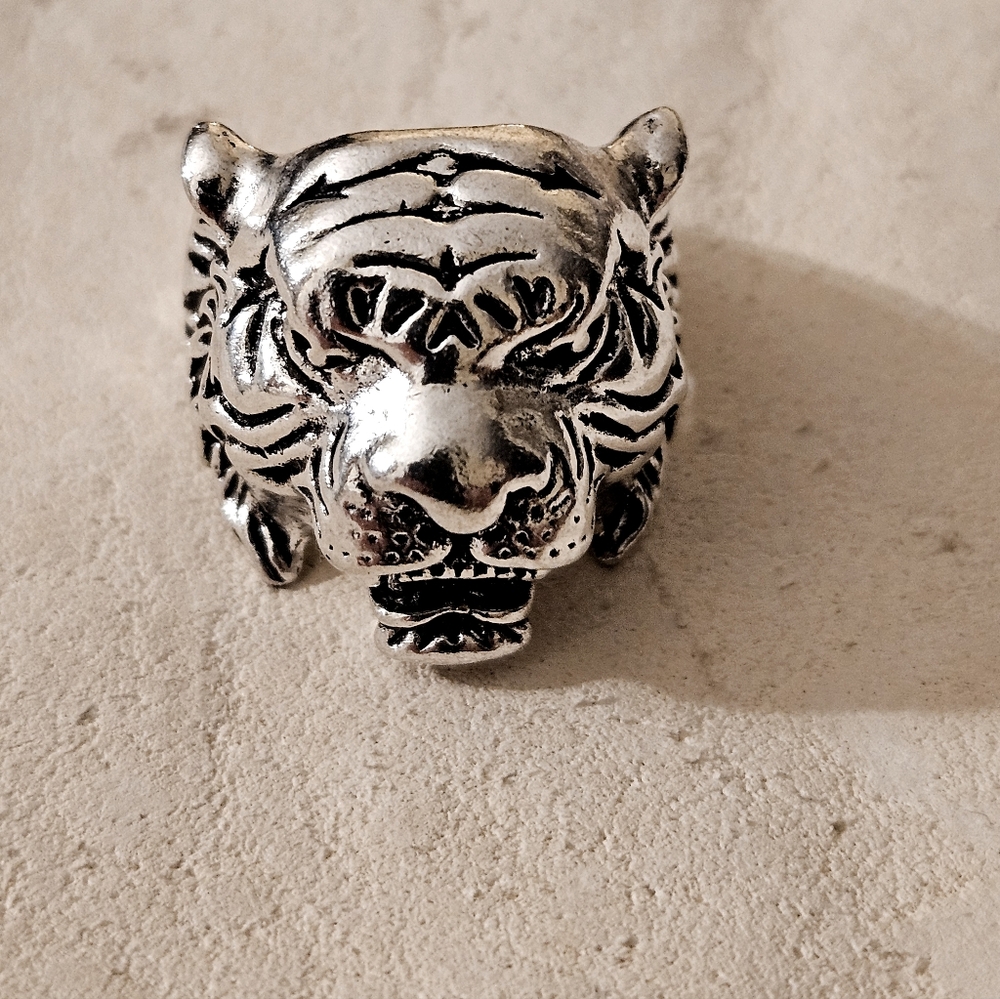 Antiqued Stainless Steel 3D Tiger Head Ring Animal Statement Jewelry Unisex S7.5